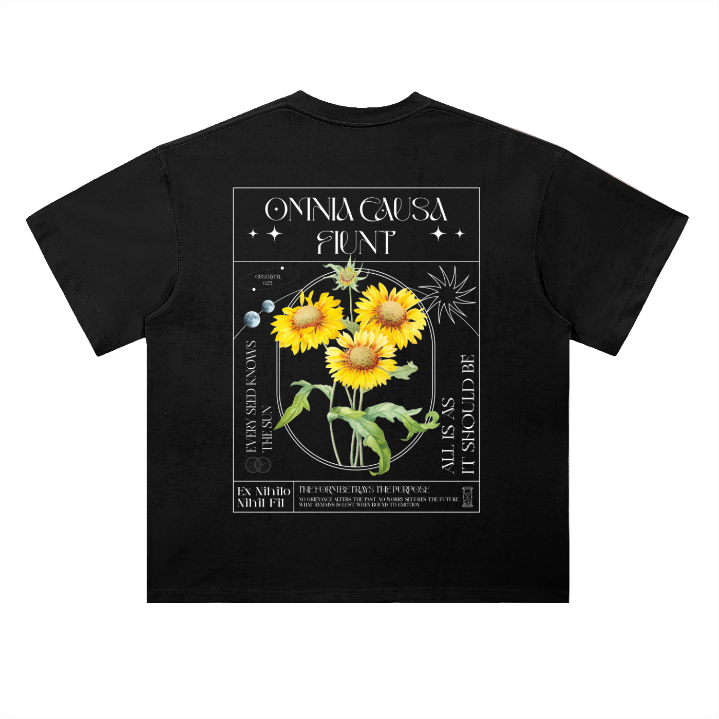 Omnia Causa Fiunt Sunflower Heavyweight  T-Shirt - Black