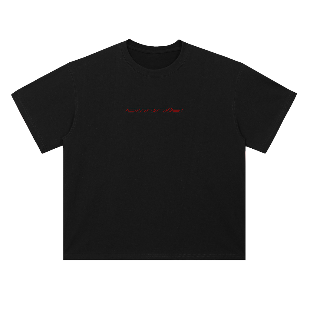 Black t-shirt with red text on a white background
