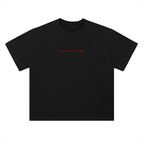 Black t-shirt with red text on a white background