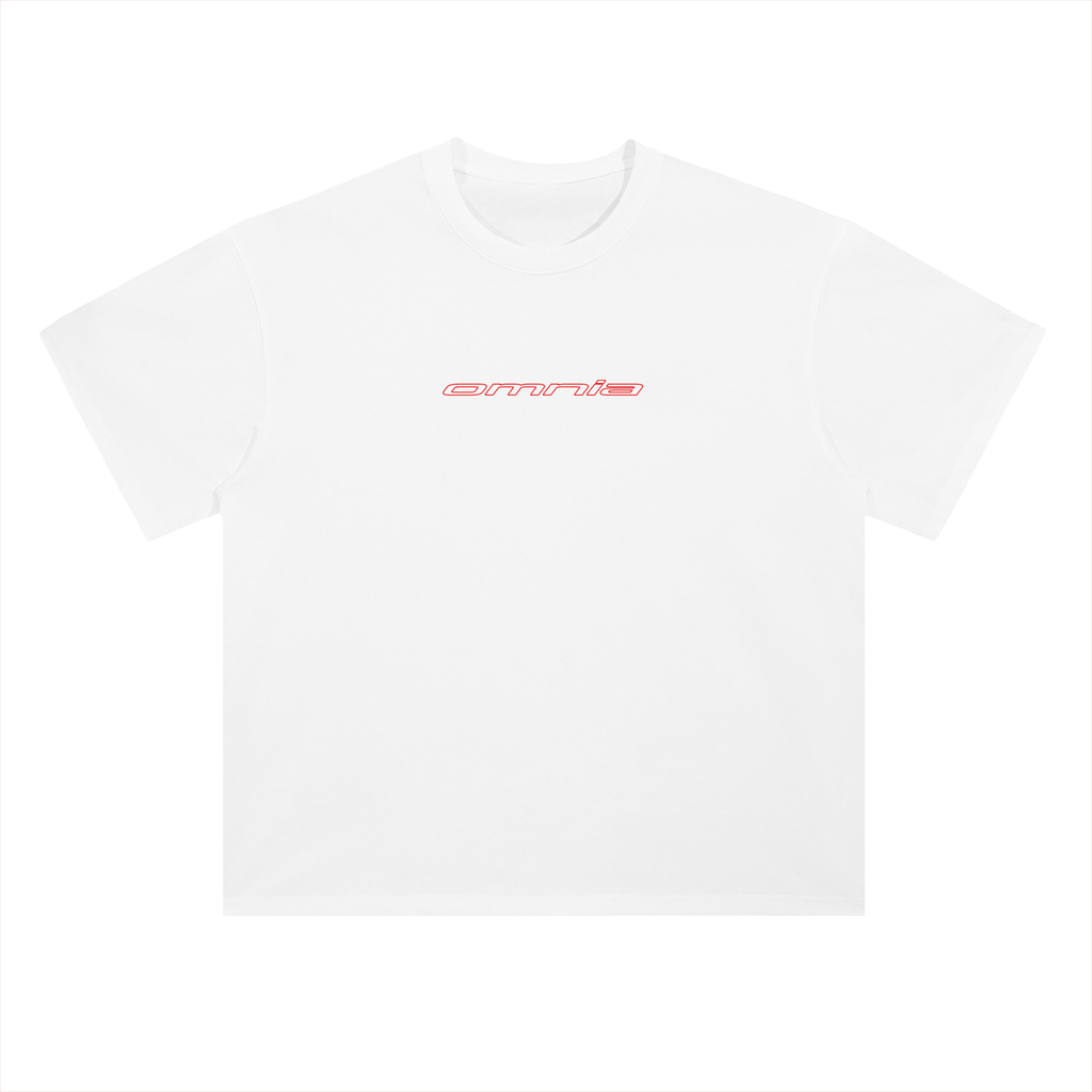 White t-shirt with red text on a white background