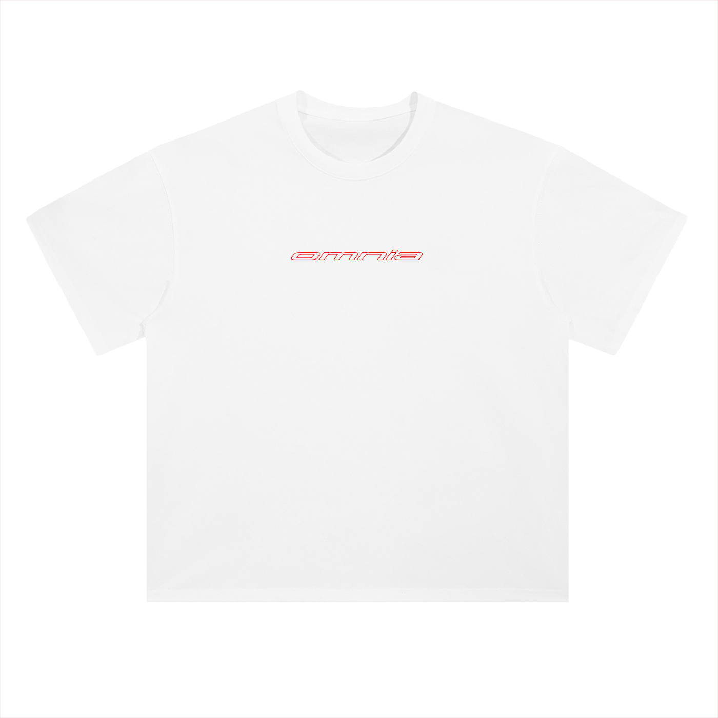 White t-shirt with red text on a white background